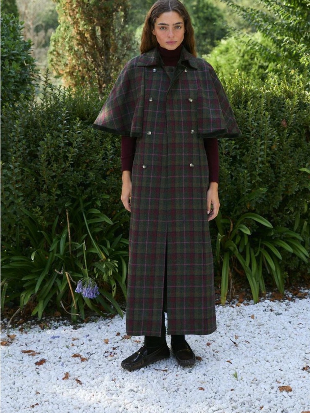 NWT Byan Balzac Plaid Long Cape Coat in Dark Green and Burgundy Size M